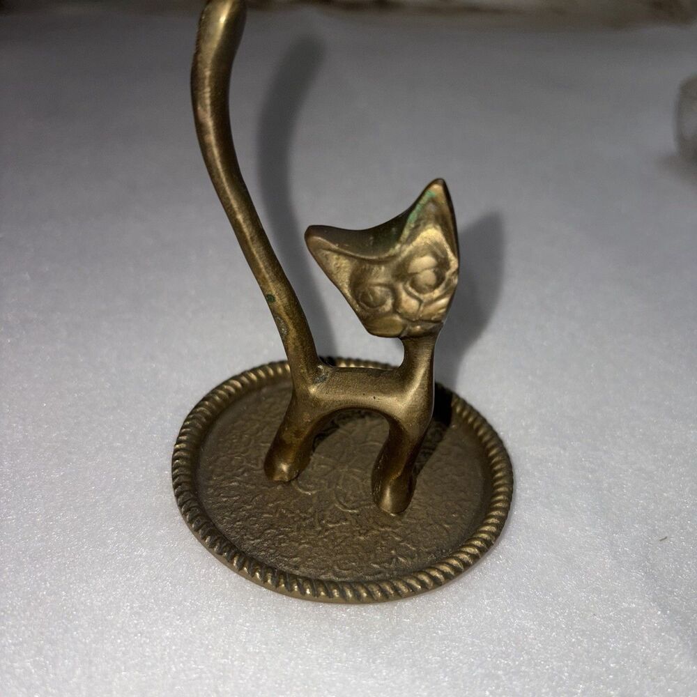 Brass Cat Kitty Ring Holder Long Tail MCM Vintage Trinket Dish Patina S14